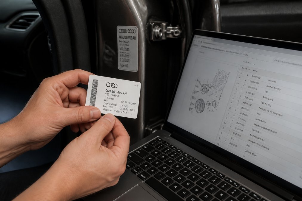 Close-up of a person's hands holding a printed Audi part number label next to a laptop screen showing an online parts catalog, with a VIN sticker visible on a car door frame in the background