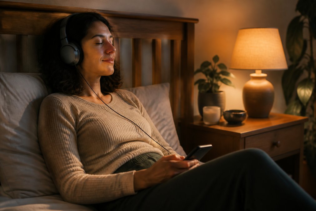 Person wearing over-ear headphones in a cozy bedroom environment with soft warm lighting, eyes closed in a relaxed, focused expression while listening to audio content on a mobile device resting on their lap