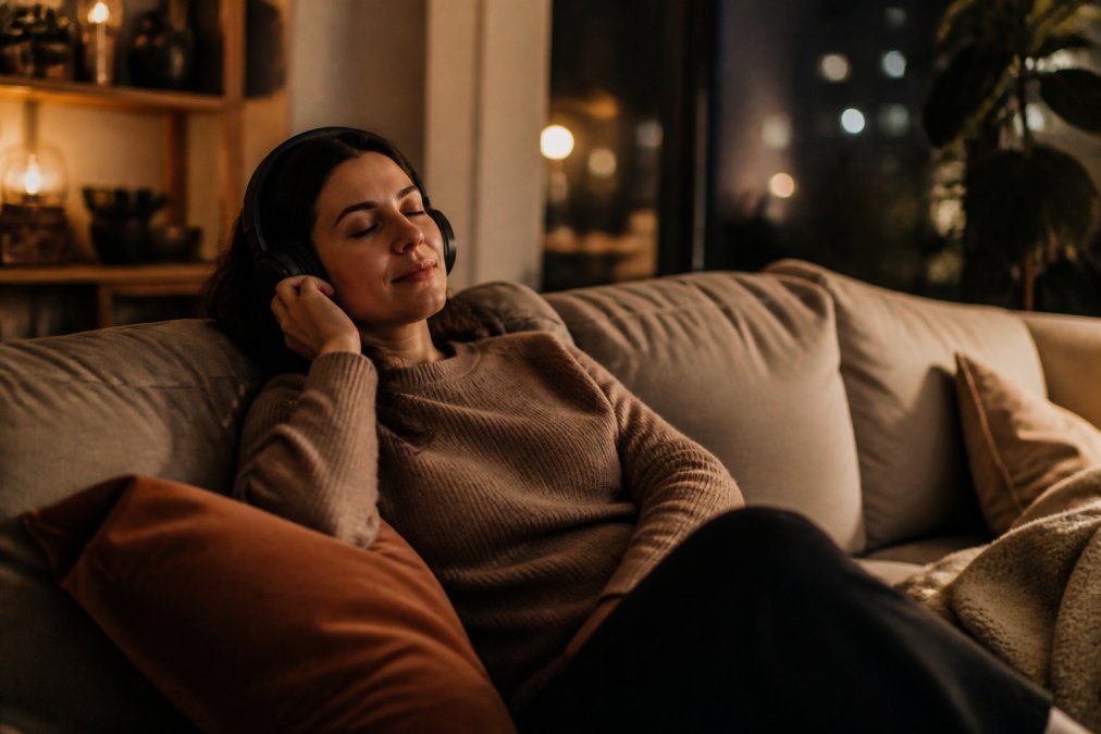 Person wearing headphones, relaxing on a comfortable couch in warm evening lighting, eyes closed with a peaceful expression, modern apartment setting