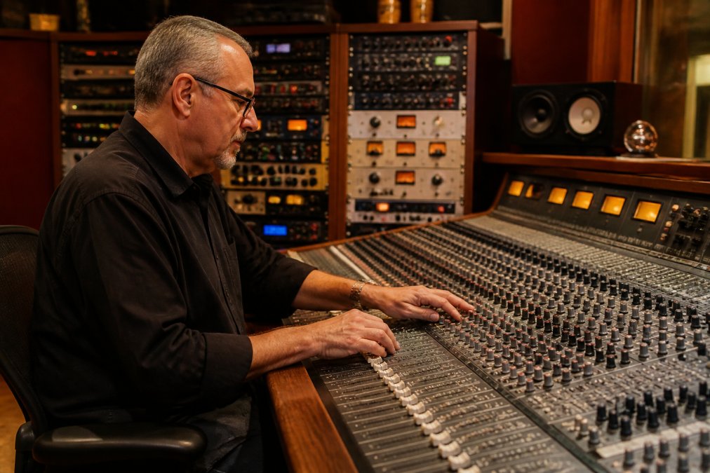 A mastering engineer seated at a large analog console in a professional studio, hands on fader controls, VU meters and outboard gear glowing in warm tungsten light