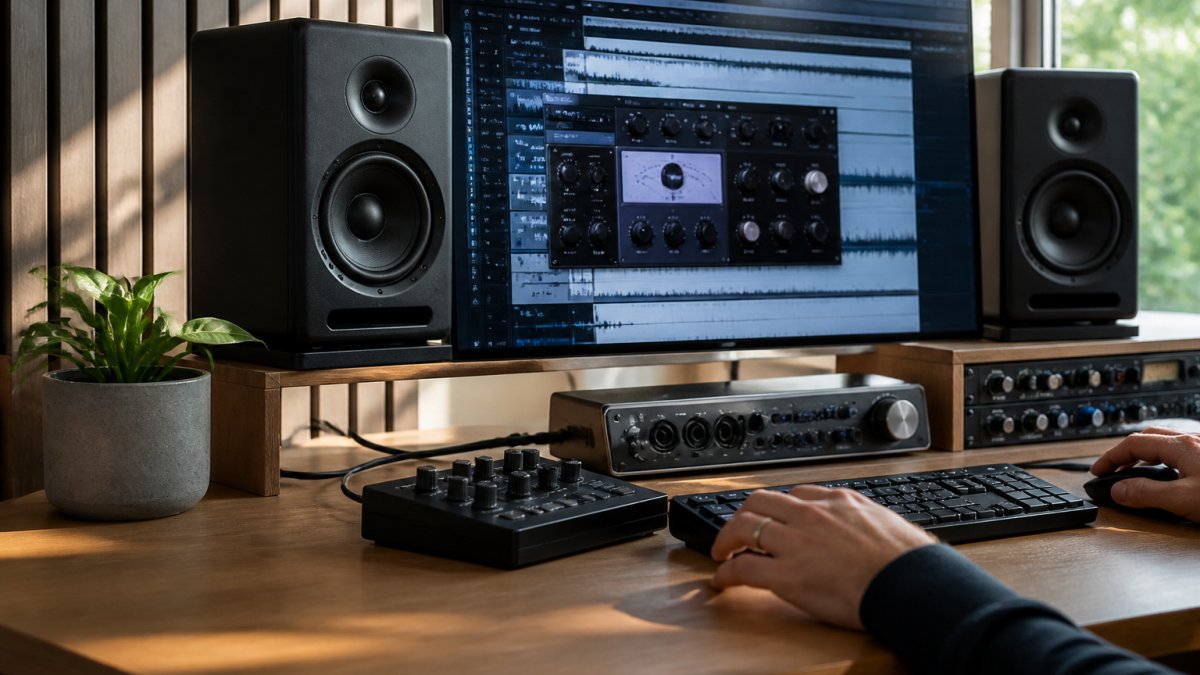 Professional home studio setup with studio monitors positioned at ear level on a desk, audio interface connected to a computer displaying a digital audio workstation with mastering plugins, natural window lighting creating acoustic treatment shadows on the wall