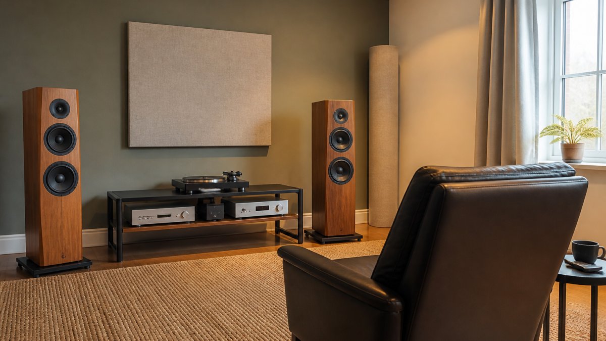 Floorstanding speakers in a listening room optimized for audiophile sound systems with soft acoustic furnishings