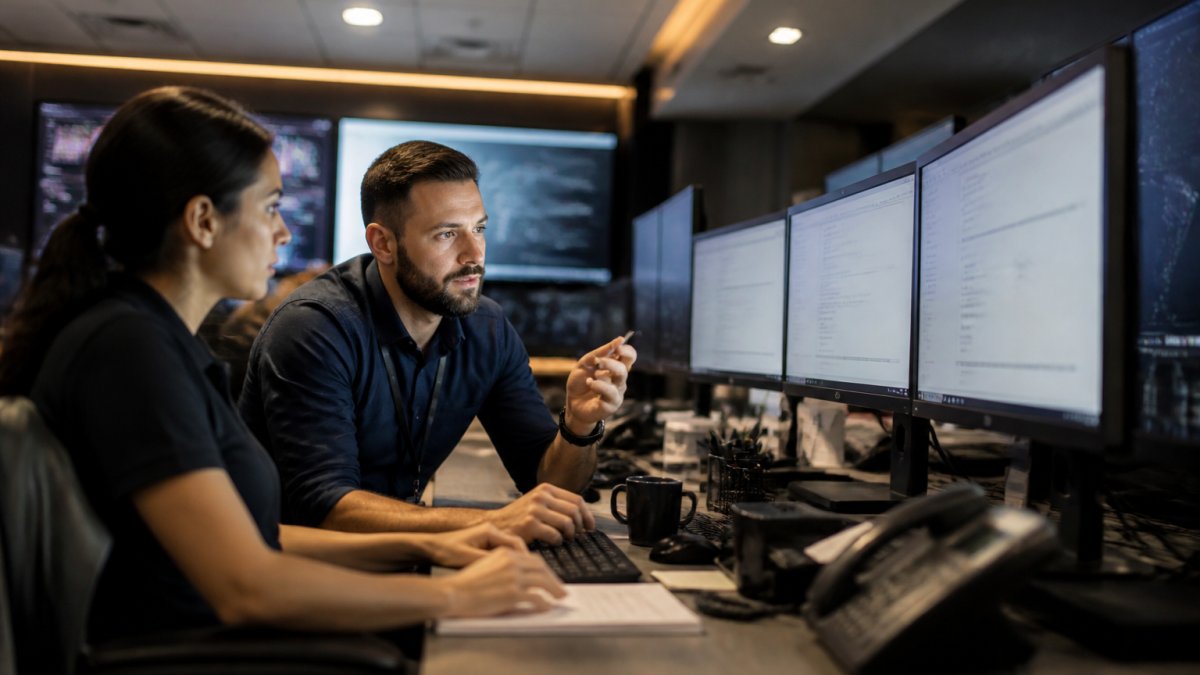 Security team reviewing AI agent controls and compliance documentation on multiple monitors in a modern SOC environment with ambient lighting