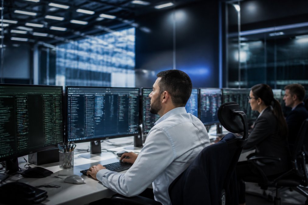 Security team monitoring multiple screens displaying real-time AI agent activity logs, alert streams, and execution metrics in a modern control room with blue-tinted lighting