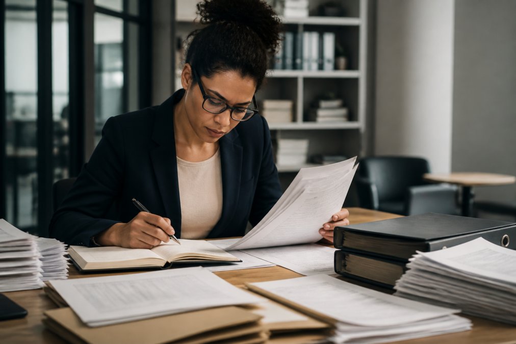 Data analyst reviewing detailed agent logs on laptop screen with notebooks and compliance documentation spread across desk, working in quiet office environment