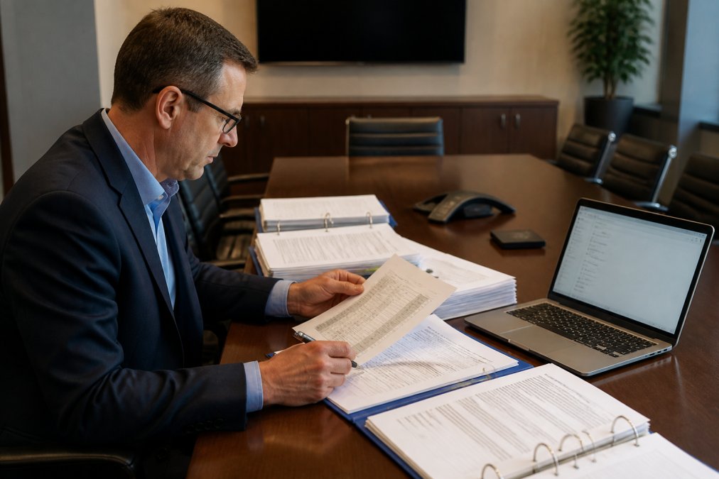 A compliance officer in business attire reviewing printed DCAA compliance checklists and regulatory binders spread across a large conference table, with a laptop open showing a document management system, under bright overhead office lighting