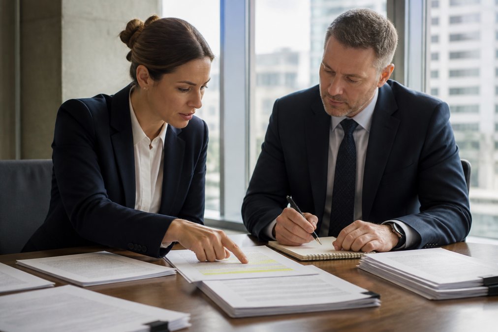 Two defense industry professionals in business attire in a modern office reviewing contract documentation together, one pointing to a highlighted section of a printed report while the other takes notes on a legal pad, natural daylight from large windows