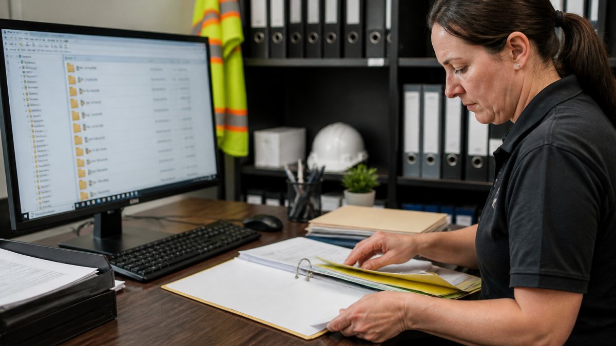 Compliance officer organizing physical safety documentation folders and digital records on computer screen showing categorized audit-ready files and evidence management system