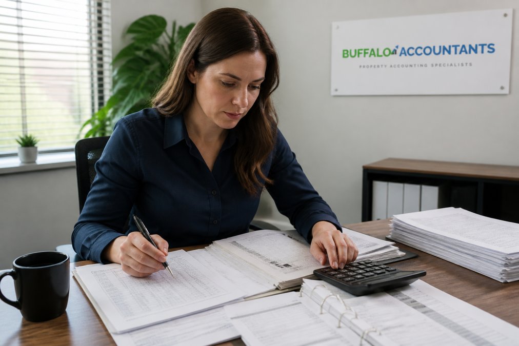 Property accountant reviewing bank statements and ledgers to maintain audit-ready books in a modern office
