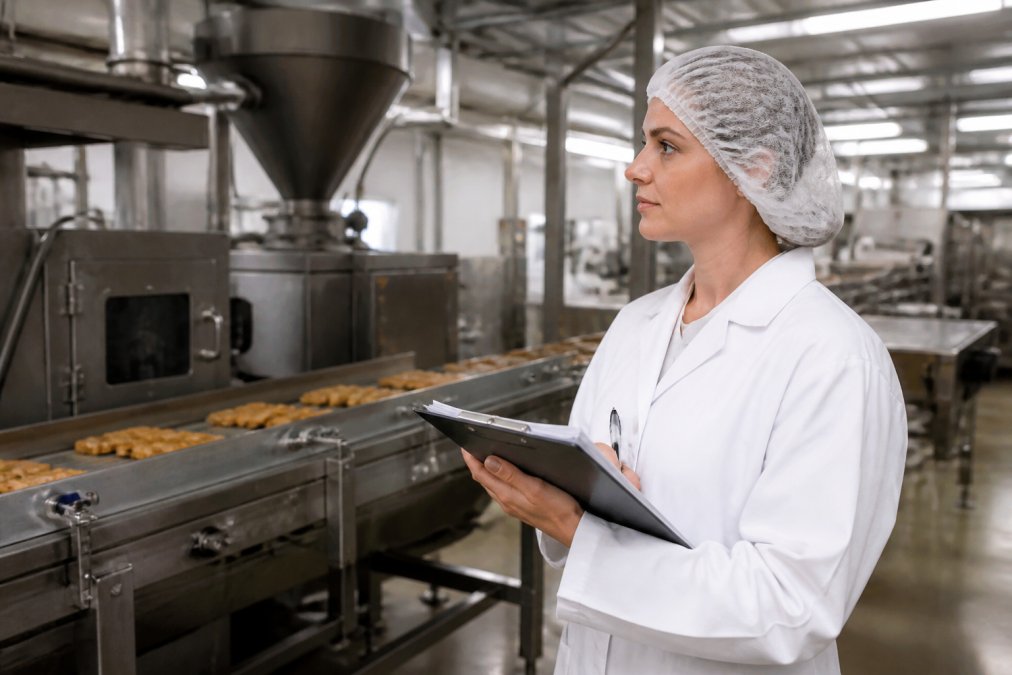 Auditeur qualité en blouse blanche et charlotte de protection, tenant un clipboard avec des documents d'inspection, debout devant une ligne de production alimentaire industrielle avec équipements inox visibles en arrière-plan, éclairage fluorescent d'atelier