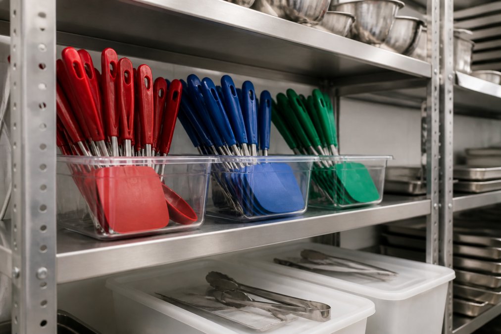 Gros plan sur des ustensiles de production alimentaire clairement étiquetés et séparés par code couleur (rouge, bleu, vert) sur des étagères industrielles en inox dans une usine agroalimentaire certifiée, éclairage industriel vif