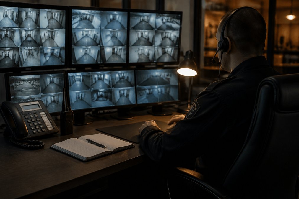 Security professional reviewing access control audit logs on multiple monitoring displays in a modern control room, with real-time data streams and incident alerts visible on screens, professional lighting from workstation lamps