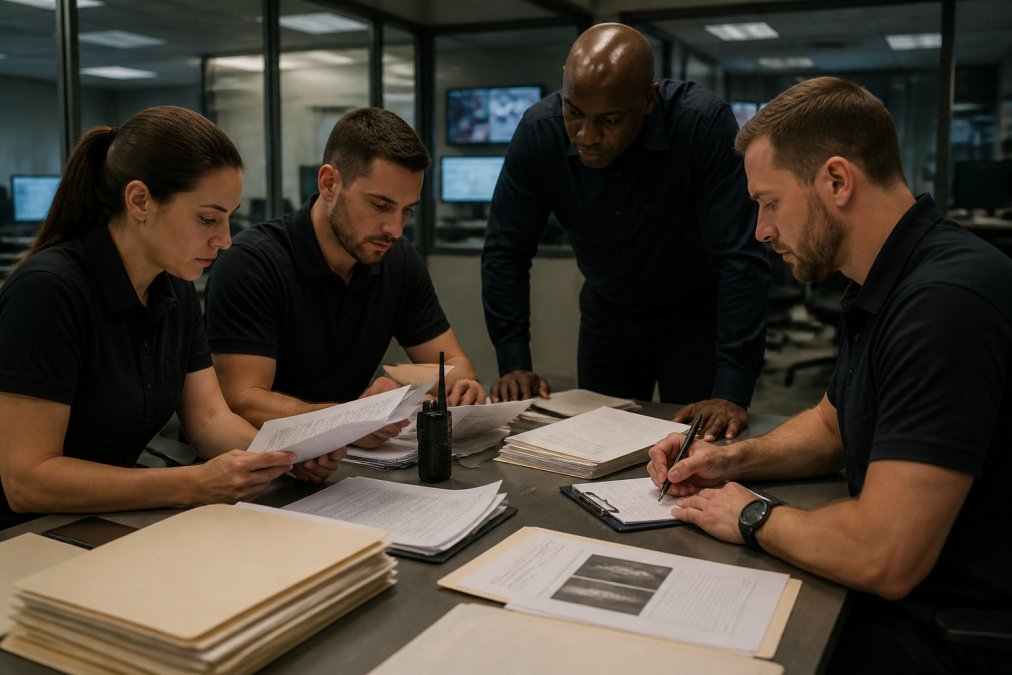Security incident response team examining access control audit logs on multiple computer screens, with incident investigation documentation and cryptographic hash verification displayed, in a professional security operations centre