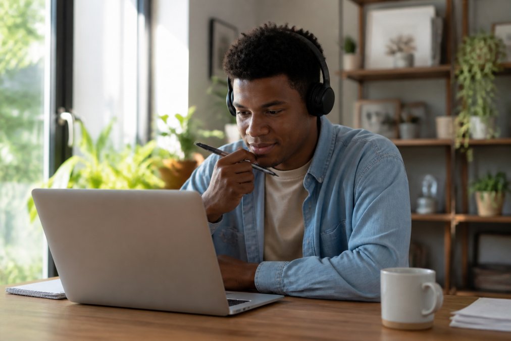 Apprenant engagé sur son ordinateur portable, suivant une formation interactive avec une expression concentrée et motivée, environnement de travail lumineux et moderne avec une tasse de café à proximité