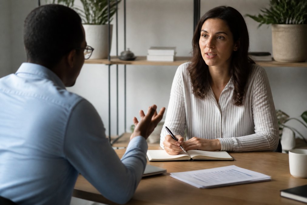 Coach ou formateur en visioconférence avec un apprenant, écran montrant une session de mentorat ou de suivi personnalisé, environnement professionnel avec documents et notes visibles