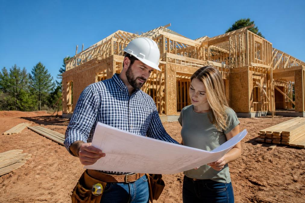 Contractor and homeowner reviewing blueprints with Augusta home builders on a sunny residential construction site