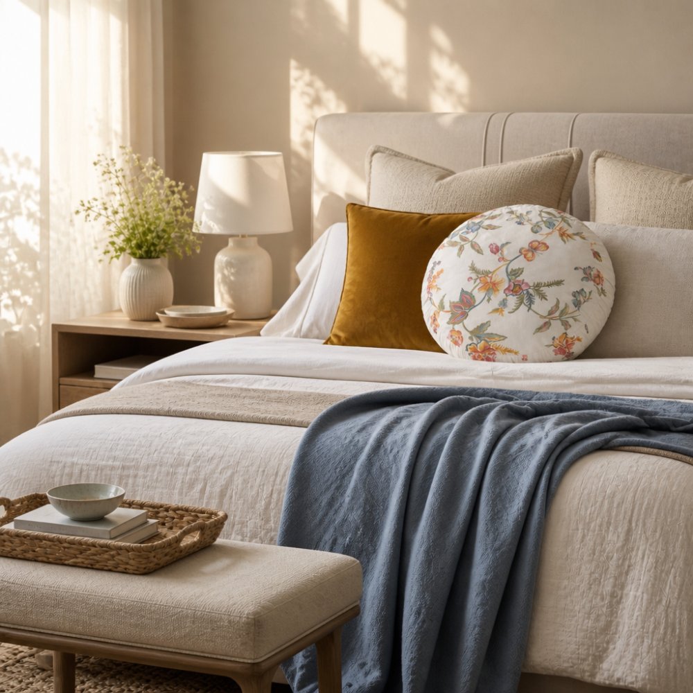 A serene bedroom featuring a neatly made bed with layered textures including soft cotton sheets, a velvet cushion in honey tones positioned at the headboard, and a draped throw blanket in subtle blue across the foot of the bed, with soft natural morning light streaming through sheer curtains