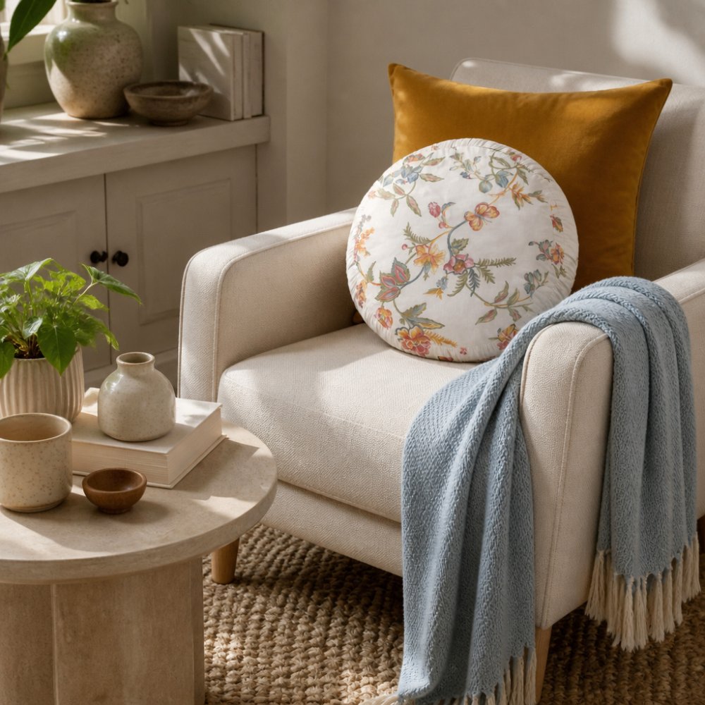 A styled living room corner displaying a coordinated collection of home accessories arranged intentionally: a velvet cushion in honey tones positioned on a cream linen chair, a draped cotton throw in soft blue folded over the armrest, decorative ceramic pieces and a small potted plant on a side table, with warm natural light highlighting the textures and colours
