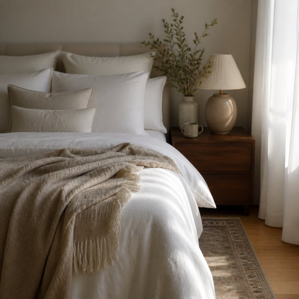 Infographic illustrating the step-by-step process for styling layered luxury textiles and accessories in a bedroom.