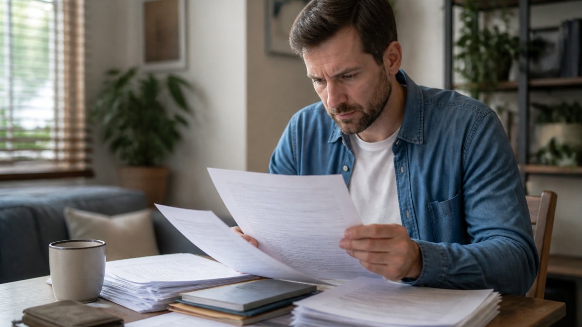 Person at home on a laptop reviewing personal information and documents, with a focused expression