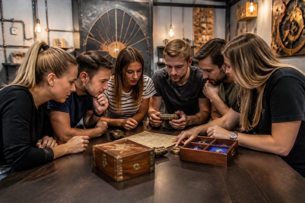 Eine Gruppe von sechs Personen sitzt konzentriert an einem Tisch in einem modernen Escape Room, studiert Rätsel und Tablets, helles Licht, moderne Einrichtung mit Rätselelementen an den Wänden