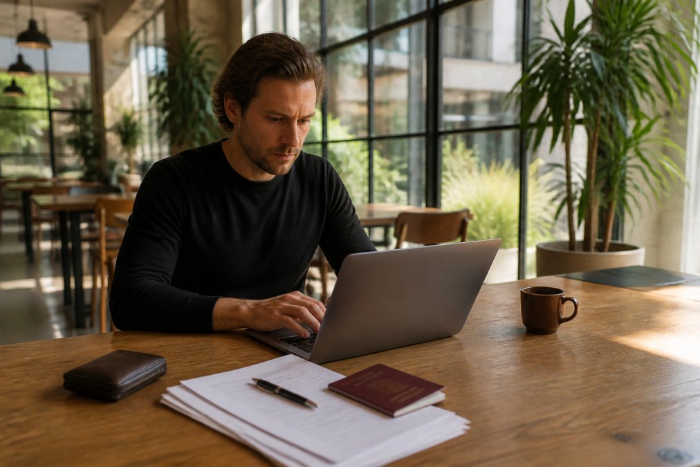 Digitaler Nomade arbeitet in einem Coworking-Space an Dokumenten für seine ausländische Firma am Laptop.