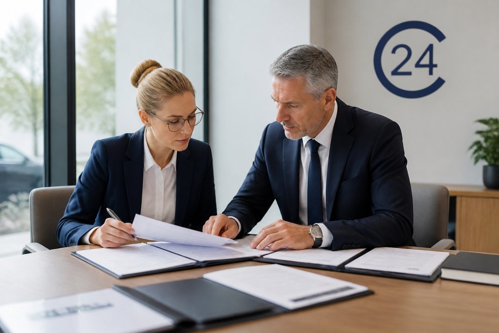Geschäftsführer und Rechtsberater prüfen Unterlagen für ausländische Firmensitze in einem modernen Büro.