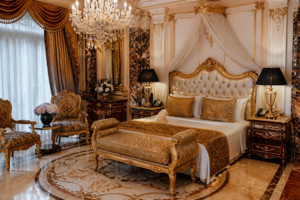 Luxuriöses Hotelzimmer mit barocker Ausstattung, ornamentalen Möbeln, Kronleuchter aus Kristall, Marmorelementen und Blattgold-Details in eleganter Rauminszenierung mit warmem Licht