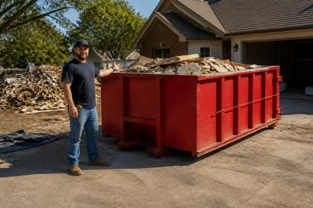 Contractor standing beside a 15-yard roll-off dumpster on a residential renovation site, gesturing toward the container to show scale and capacity, with construction debris visible in the background and morning sunlight casting shadows across the driveway