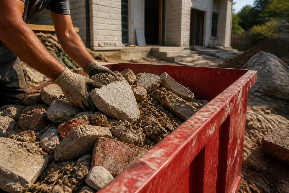 Close-up of construction debris including concrete chunks, red brick pieces, and dirt being loaded into a dumpster on an active residential job site, with a worker's gloved hands visible and afternoon sunlight illuminating the materials