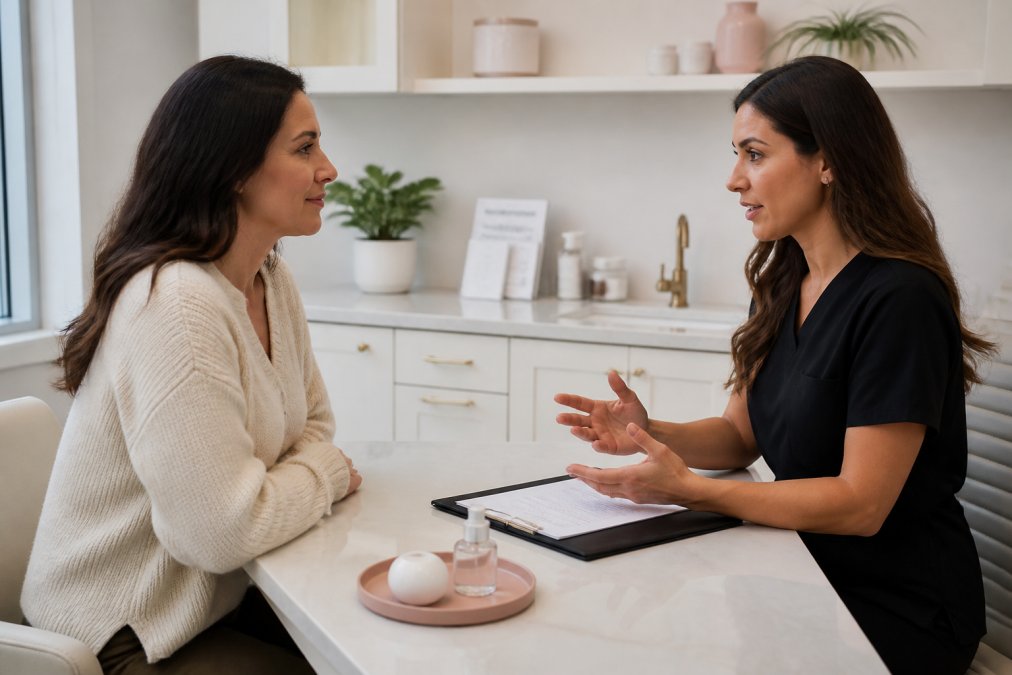 A woman in her late 30s sitting across from a medspa provider at a consultation desk, both engaged in a focused conversation in a bright, modern medical office with clean white walls and soft natural light