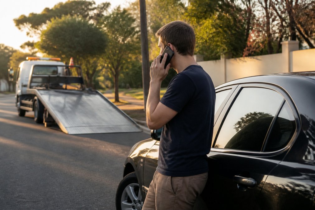 A driver speaking on a mobile phone while standing beside a parked car on a quiet suburban street, with a tow truck arriving in the background, late afternoon light