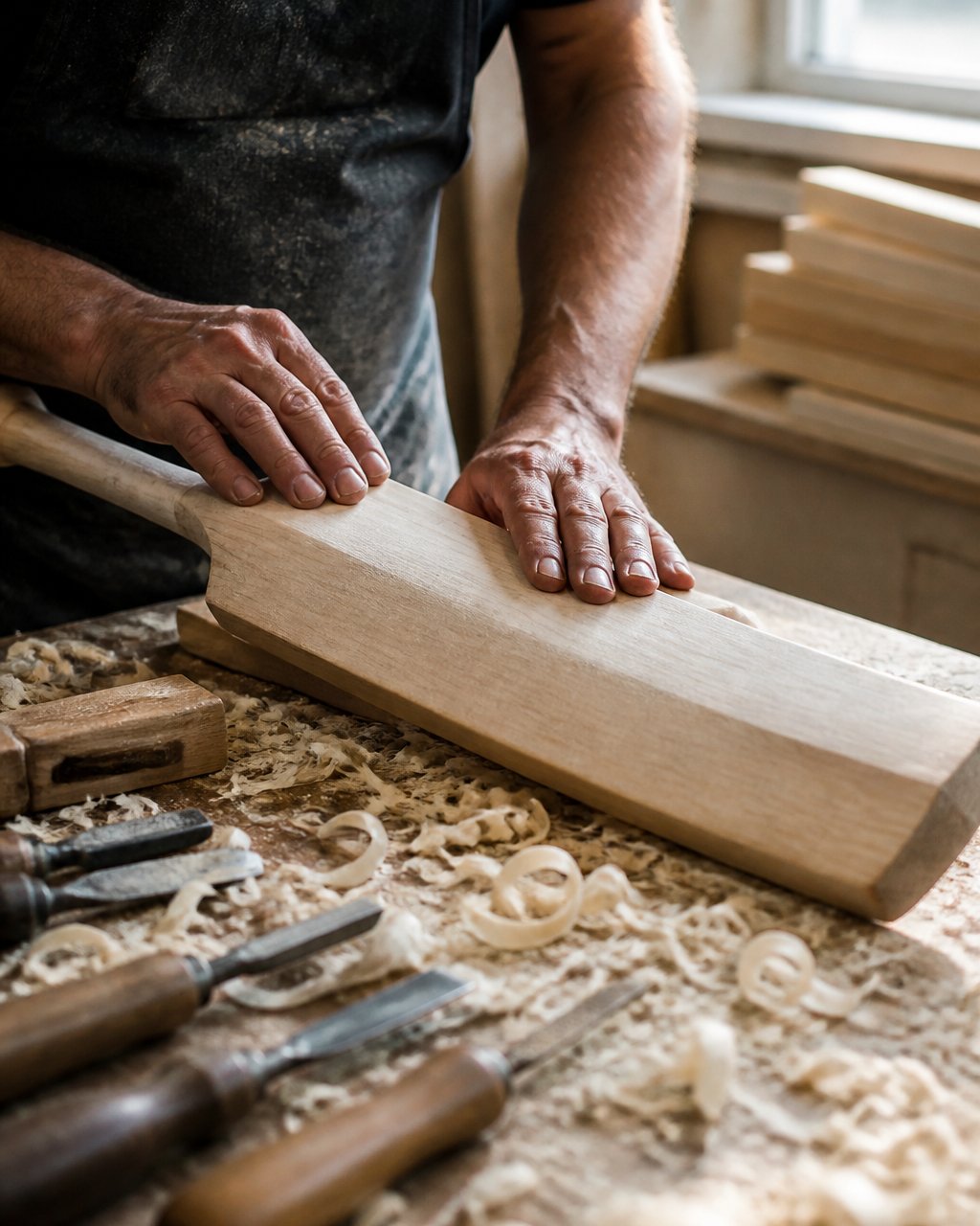 Close-up of a craftsman's hands running along the blade of a raw English willow cricket bat cleft on a workshop bench, wood shavings and hand tools visible in soft daylight