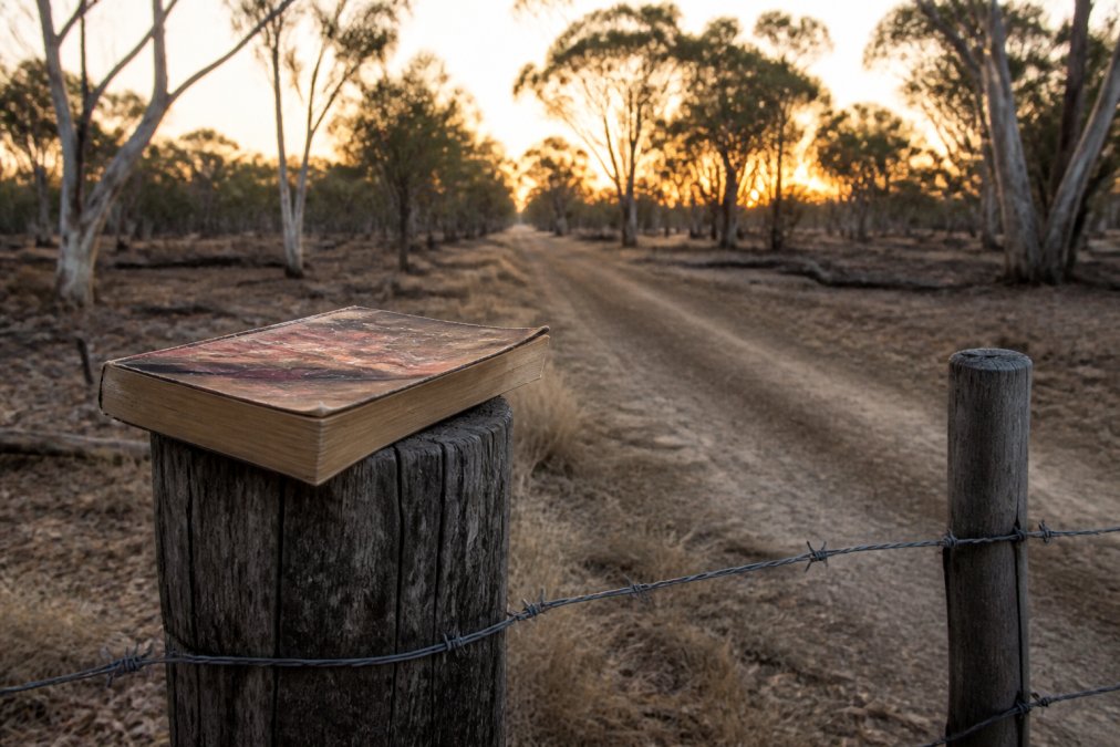 Weathered paperback novel on a wooden fence post at dusk, a perfect read for fans of Australian crime fiction.