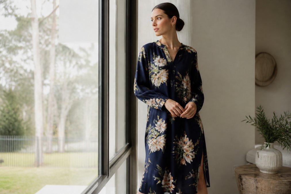 Woman wearing a navy Itami Orient Long Sleeve Dress with bold floral placement print, standing in natural diffused light near a window, fabric draping elegantly to showcase the relaxed midi silhouette and split neckline detail