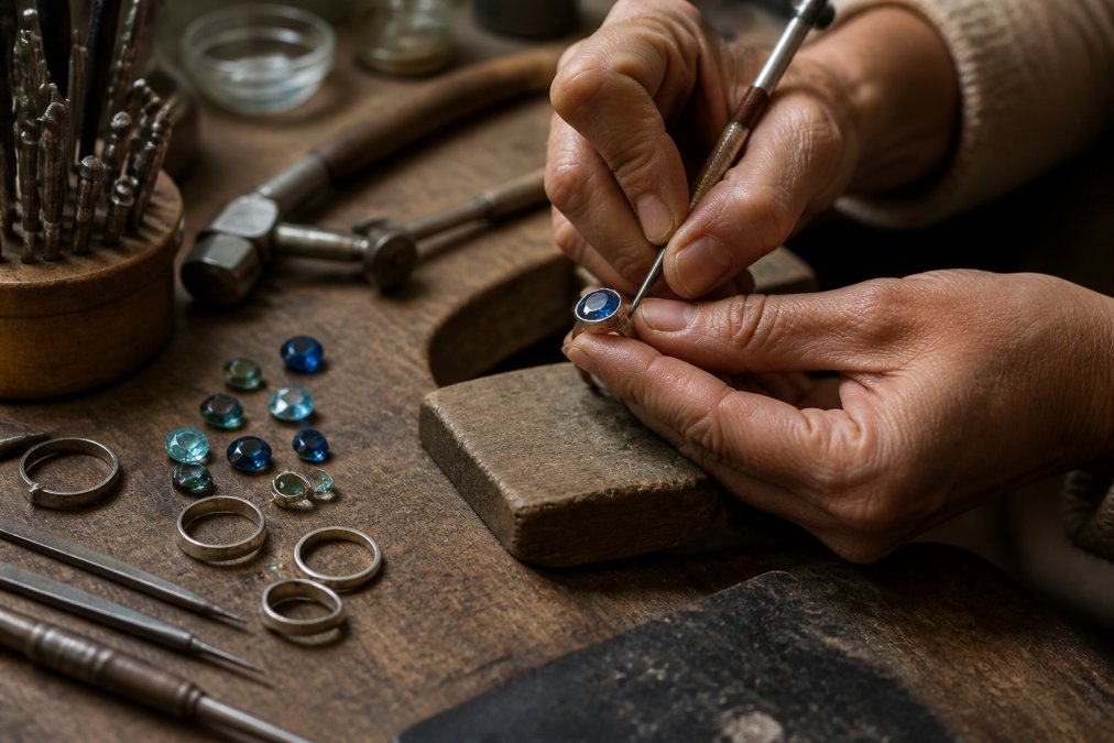 Jeweller's hands carefully working on a gemstone ring at a wooden workbench, with polishing tools, loose faceted stones, and metal settings visible under warm workshop lighting