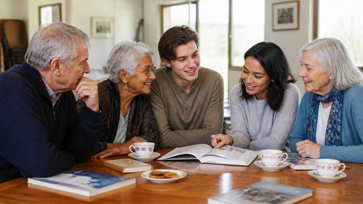 A diverse group of older adults and younger people sitting around a wooden table in a bright community centre, discussing an open book together with warm, engaged expressions and cups of tea nearby
