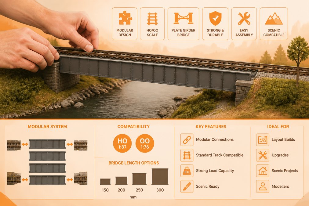 A model railway layout showing a modular plate girder bridge carrying HO/OO track over a scenic river crossing, with the HobbyTrax logo visible in the background and a modeller's hands adjusting track alignment on the bridge deck