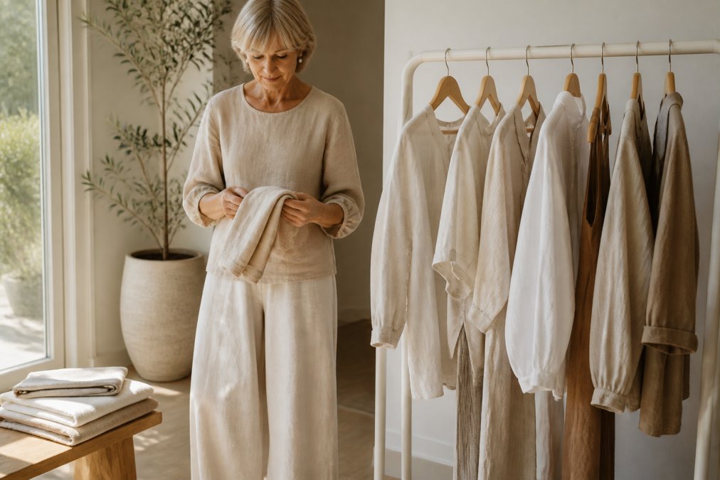 Woman in a linen outfit folding a garment in a sunlit room with a rail of neutral clothing nearby.