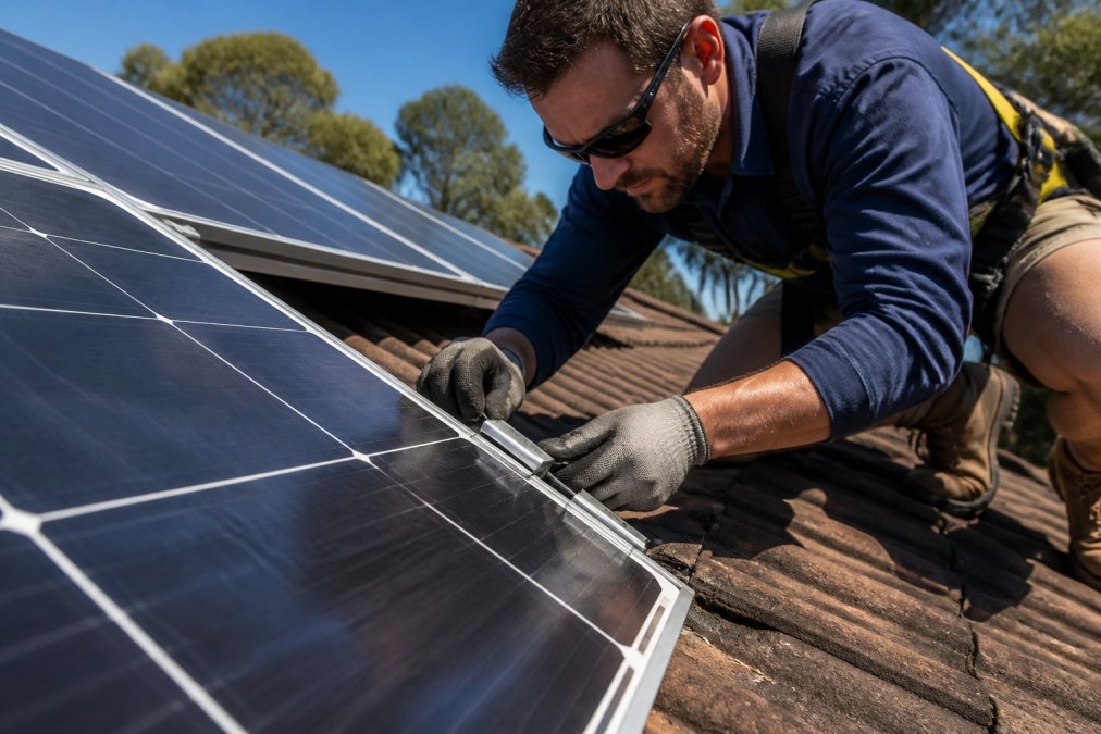Professional solar technician inspecting monocrystalline panel connections on residential roof installation under bright sunlight with clear blue sky, showing weathered mounting hardware and installation quality