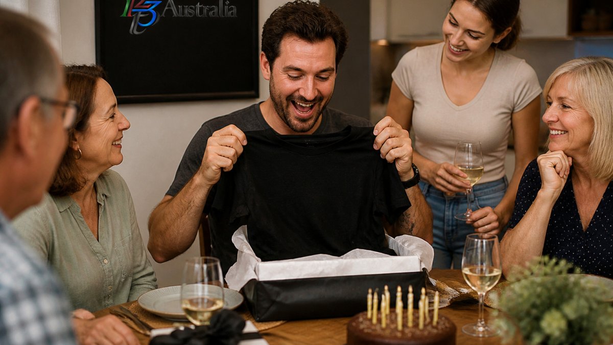 Infographic comparing funny birthday gift ideas across different age milestones for adults