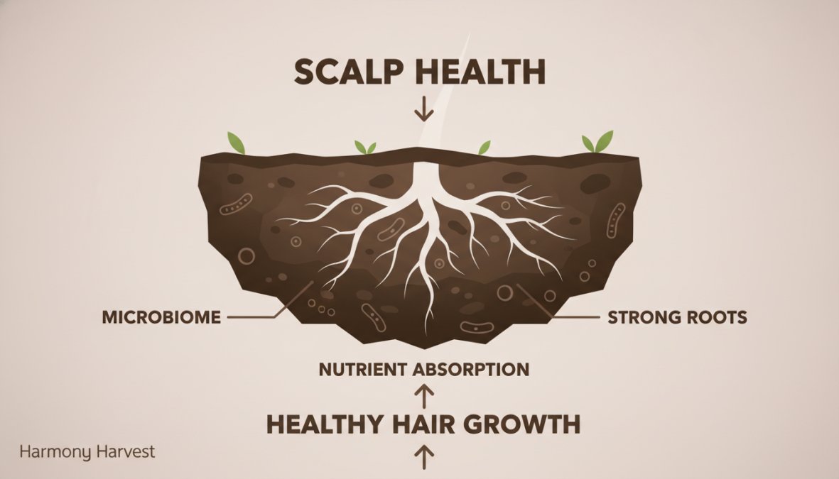 Close-up of rich, dark soil with visible plant roots and green seedling sprouting, showing healthy earth texture and microbial life