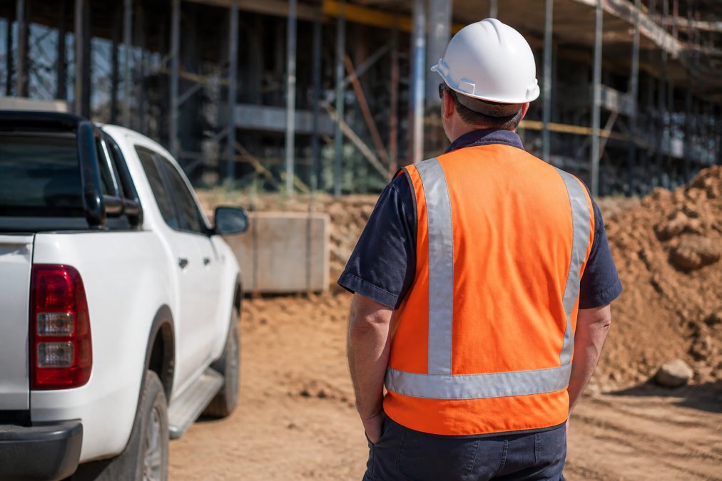 Construction worker wearing bright orange Class D safety vest working on a building site in bright daylight, clearly visible against the construction background, standing next to parked vehicles