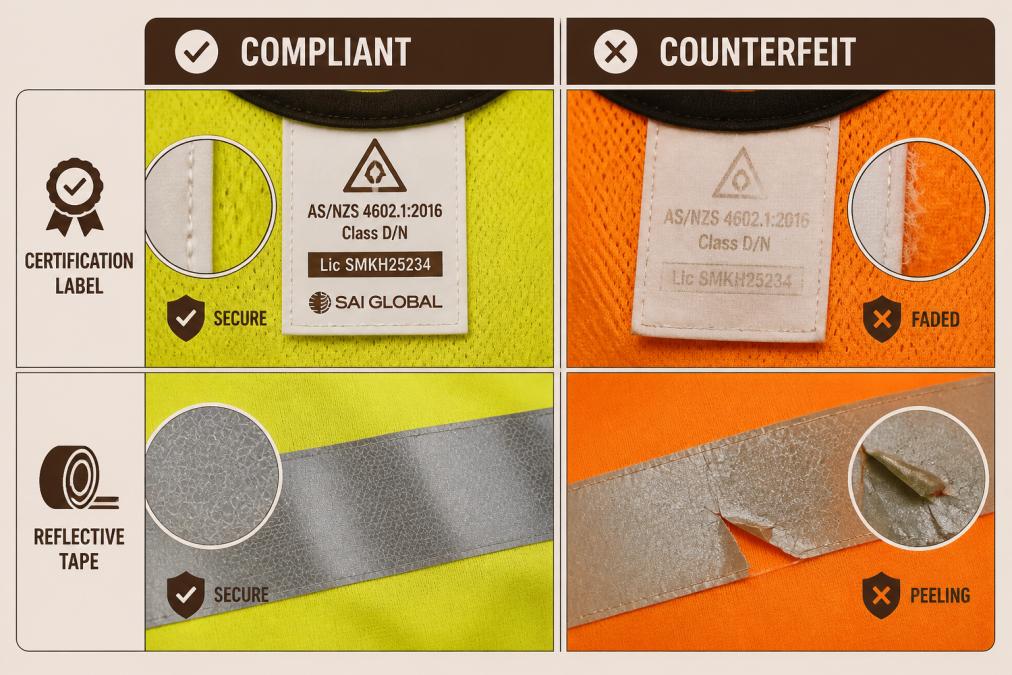 Close-up photograph showing genuine certification label on compliant hi-vis vest with clear text and permanent attachment, alongside detail of retroreflective tape with sharp edges and secure adhesion, compared to a counterfeit vest with faded printing and peeling tape