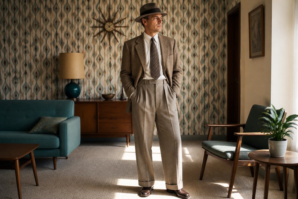 A man in a full 1950s outfit featuring a wide-lapel sport coat, high-rise pleated trousers, and a fedora, standing in a sunlit mid-century modern living room with geometric patterned wallpaper