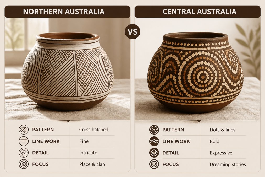 Close-up of two hand-coiled, kiln-fired ceramic vessels side by side on a neutral cloth, one showing fine cross-hatched earth pigment patterns and the other bold dot and line designs, natural window light