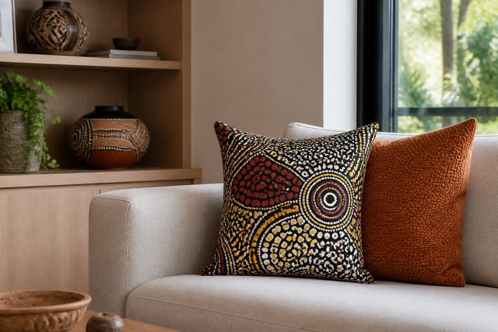 A bright, modern Australian living room featuring a cushion with bold Indigenous dot-art design on a neutral sofa, a decorative ceramic piece on a shelf, and warm natural light highlighting the cultural decor items