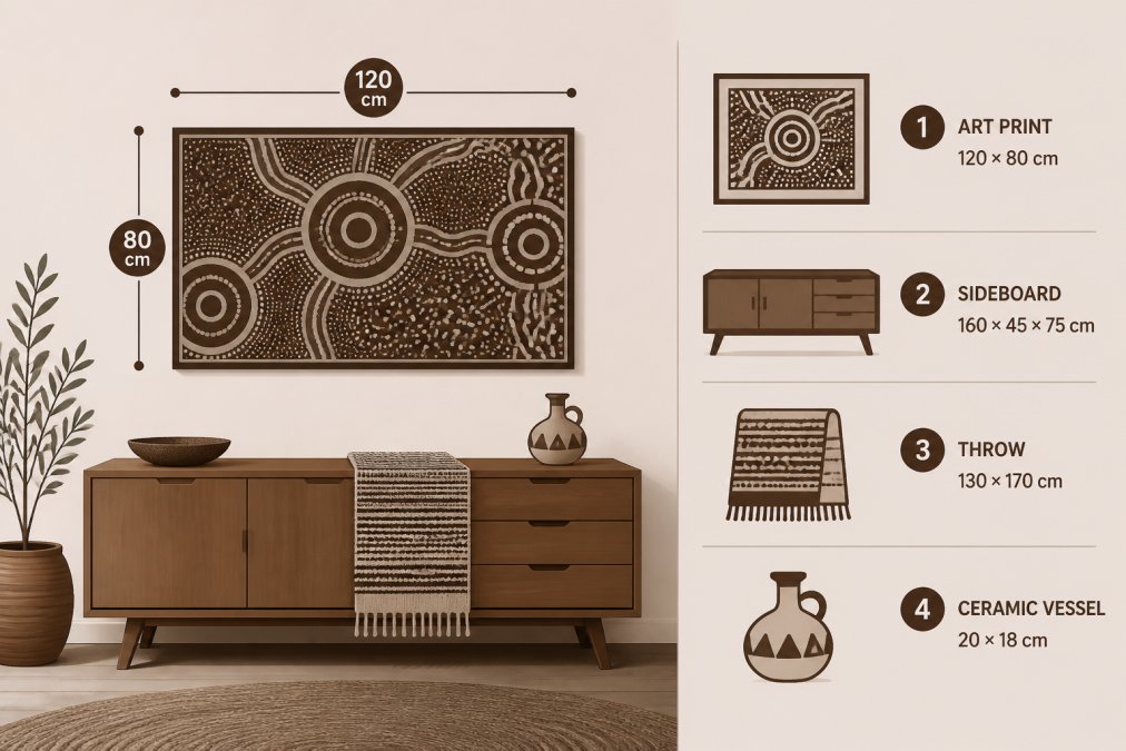 A styled Australian home interior showing an Aboriginal art print on a white wall above a timber sideboard, with a woven textile throw and a small ceramic vessel, demonstrating how Indigenous art integrates naturally with contemporary minimalist decor