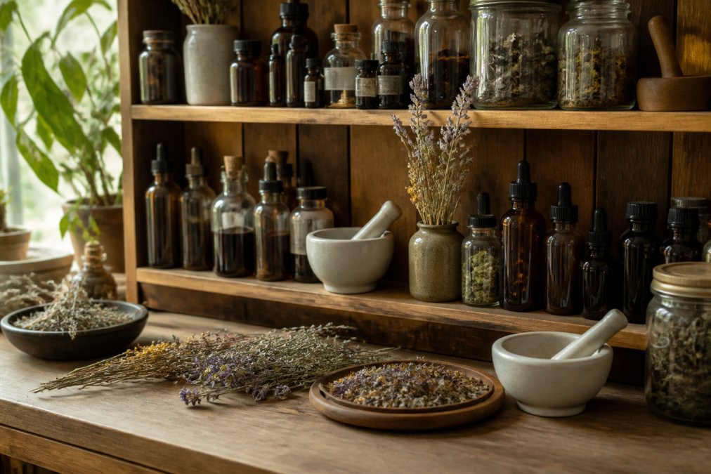 Amber glass bottles and a mortar and pestle on an authentic apothecary shelf with dried herbs