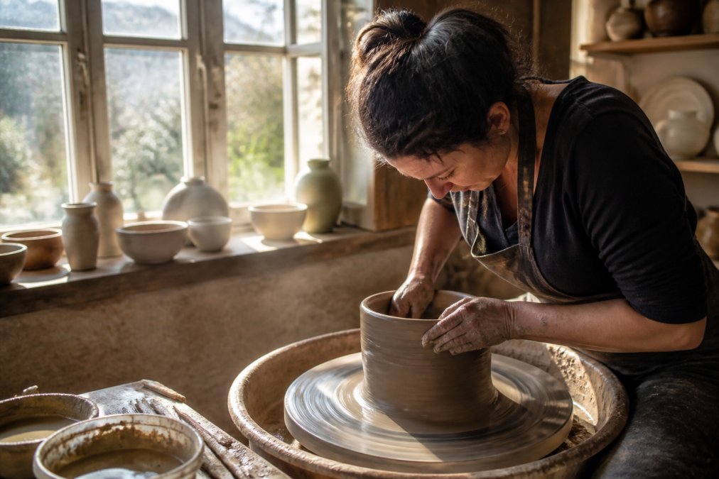 A craftsperson's hands shaping clay on a pottery wheel in a sunlit studio, with natural light streaming through tall windows onto traditional ceramic pieces